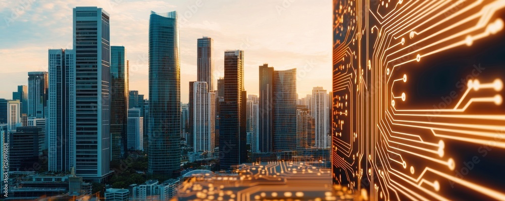 Poster modern city skyline with digital circuit pattern in foreground at sunset in a futuristic urban envir