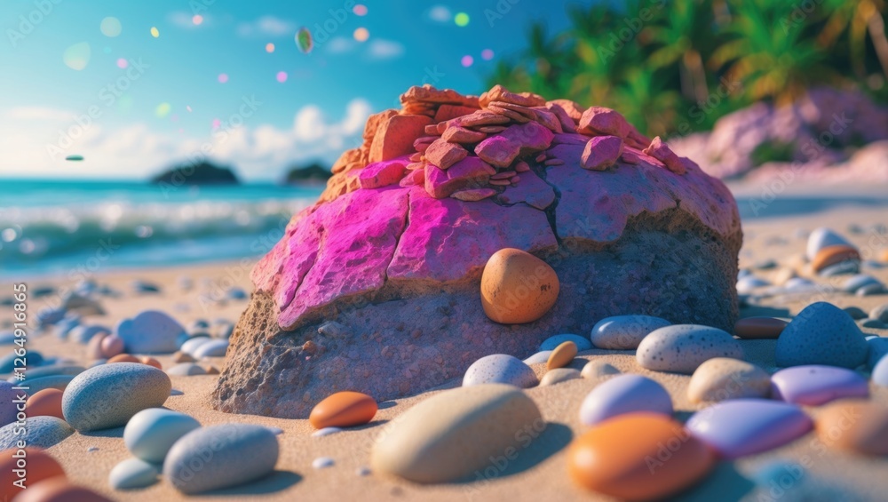 Poster colorful beach rock formation surrounded by smooth pebbles on sandy shore with blurred ocean and pal