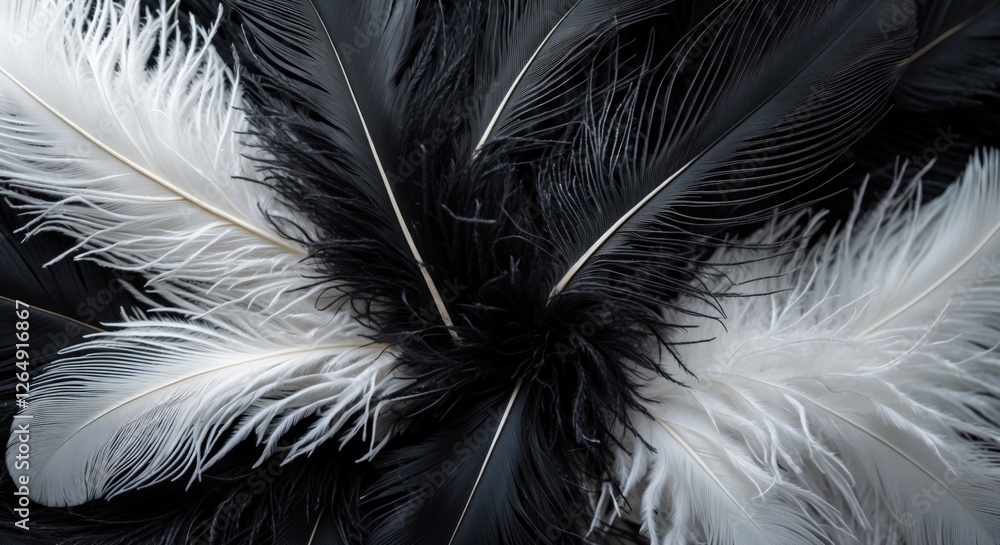 Poster Black and white feathers arrangement with soft texture on dark background offering copy space for text inclusion