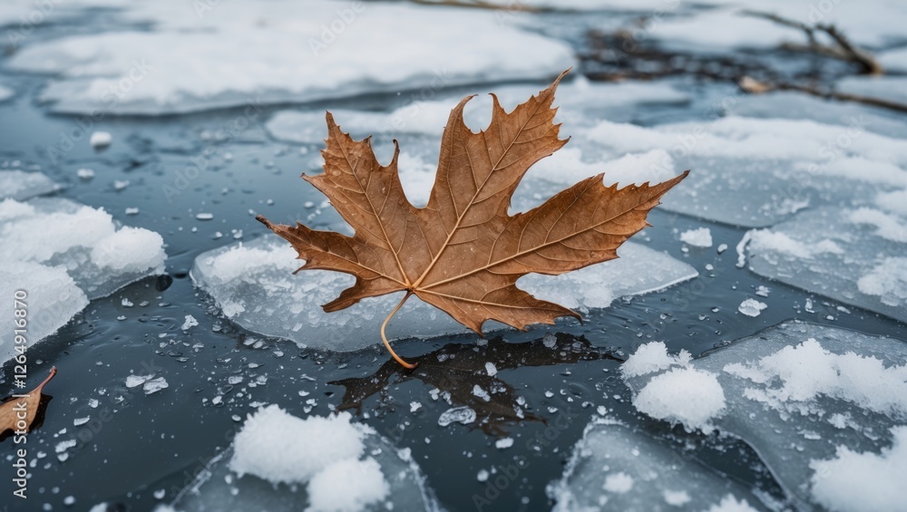 Poster dry maple leaf on frozen lake surface surrounded by ice pieces and snow crystals in winter setting w