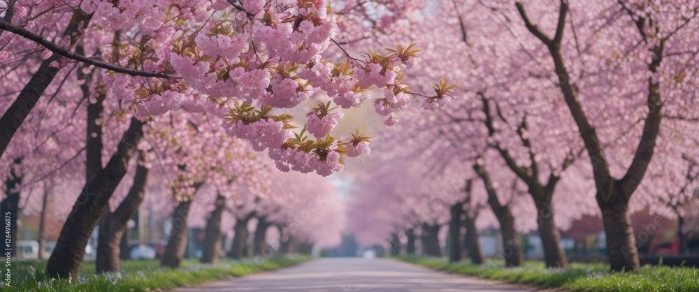 Poster cherry blossom trees lining a serene pathway with pink flowers and blurred background in spring seas
