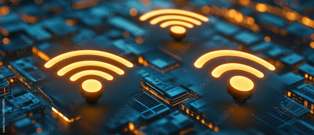 Poster Abstract representation of wireless technology and connectivity with glowing Wi-Fi symbols on a digital circuit background