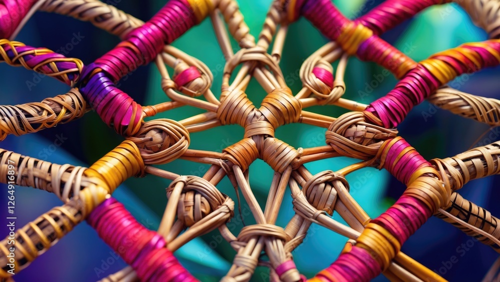 Poster Colorful woven basketry close-up texture with intricate patterns and copy space for text