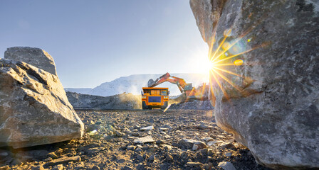Industry mining banner, Excavator loads coal into large yellow dump truck on open pit mine.
