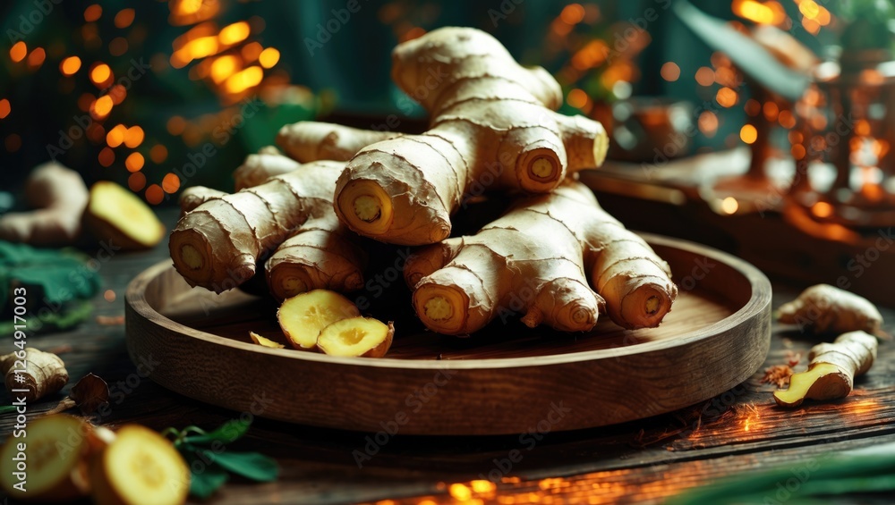 Poster fresh ginger roots arranged on a wooden plate with slices and green leaves set against a blurred bac