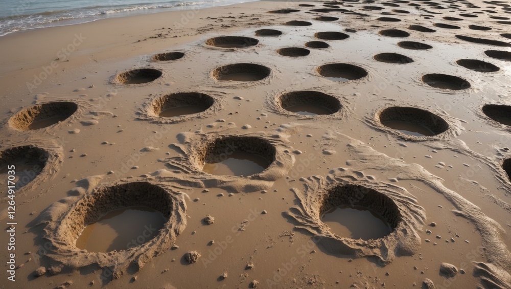 Poster Patterns of circular holes in wet sandy beach during low tide with gentle waves in background and texture of sand showing details. Copy Space