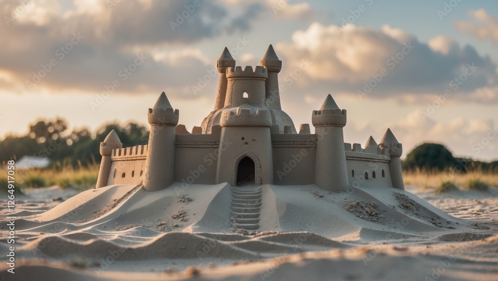 Poster sandcastle on beach during golden hour with detailed towers and stairs surrounded by soft sand and a