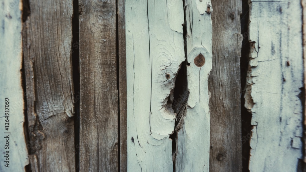 Aufkleber Close-up of weathered wooden planks with peeling paint and a visible knot hole in a rustic background with Copy Space