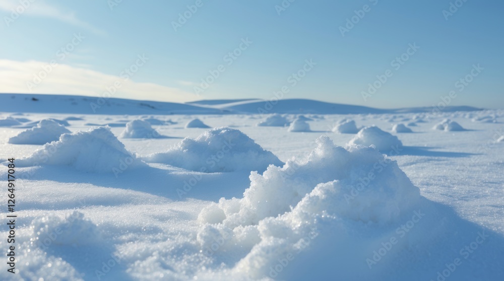 Poster snow-covered landscape with textured snow mounds and clear blue sky giving an open and serene winter