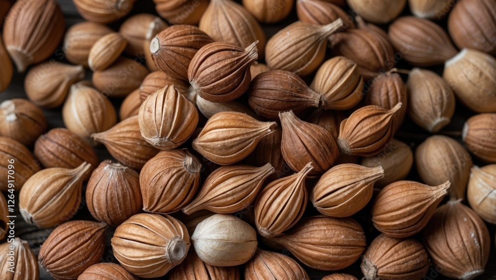 Poster Close-up of a collection of assorted brown and tan seeds arranged in a natural pattern on a wooden surface Copy Space