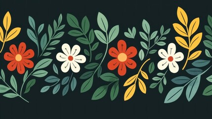 Obraz premium Colorful Floral Pattern with Leaves and Flowers on Dark Background for Artistic and Decorative Uses