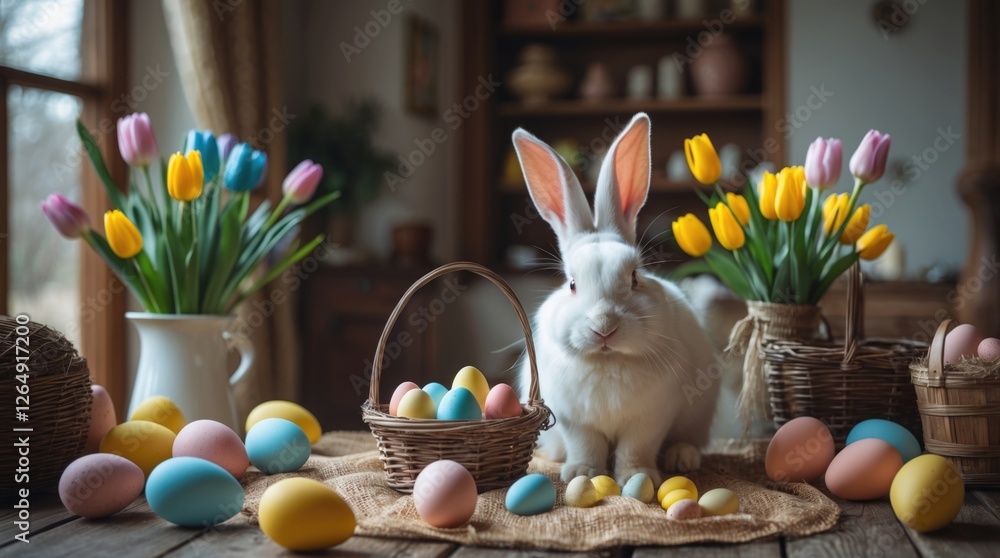 Poster Easter bunny with colorful eggs and tulips in a rustic setting with copy space for text
