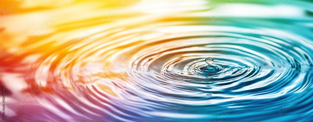 Poster vibrant water droplet creating ripples on colorful surface reflecting light and creating calm natura