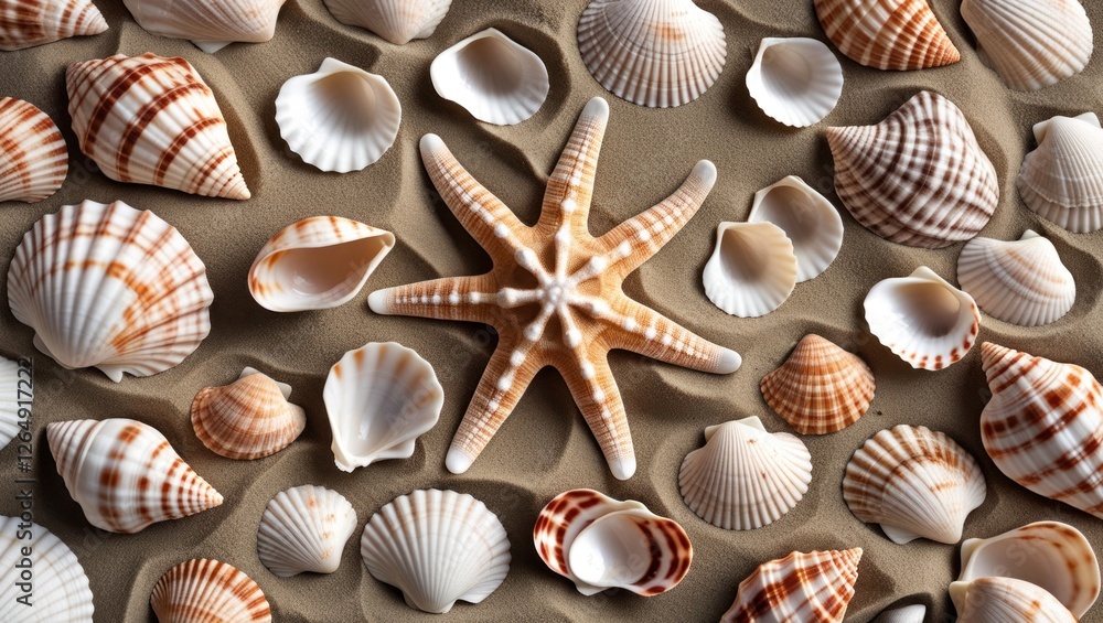Aufkleber Seashells and starfish arrangement on sandy background with various shell shapes and colors Copy Space