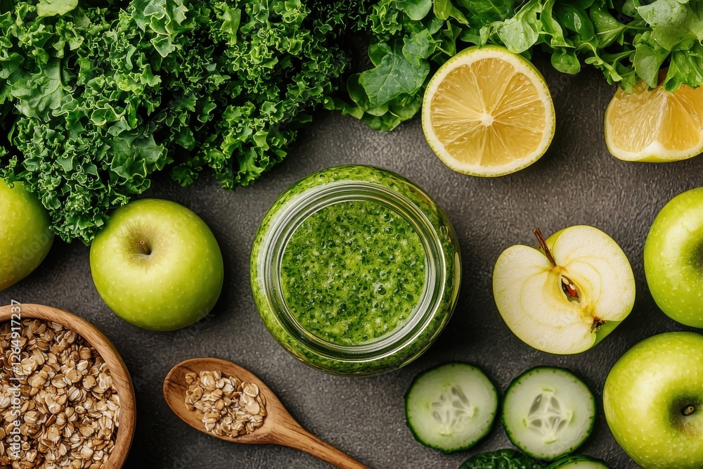 Poster healthy green juice in a glass jar surrounded by an array of fresh vibrant vegetables and fruits on 