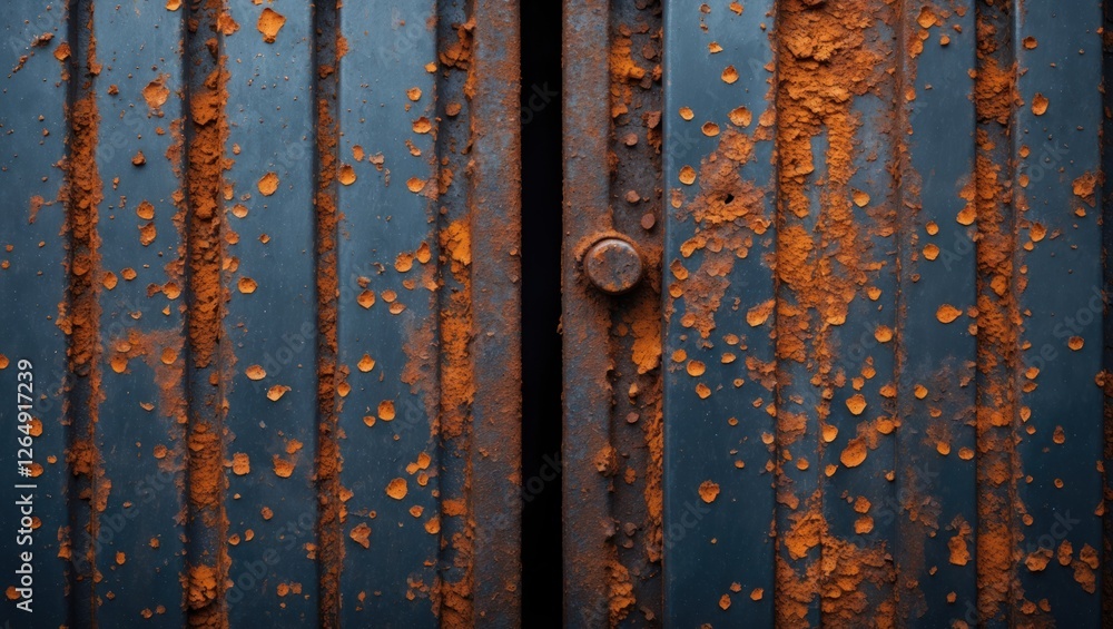 Poster rusty metal gate with peeling paint and corrosion in blue and orange tones revealing texture and pat