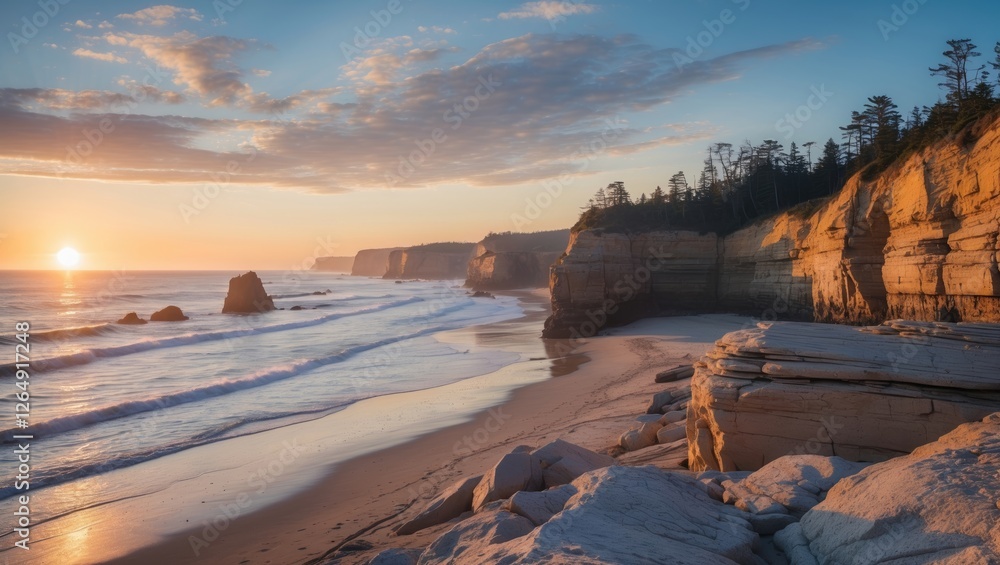Poster sunset over rocky coastline with ocean waves on sandy beach and cliffs in background creating peacef