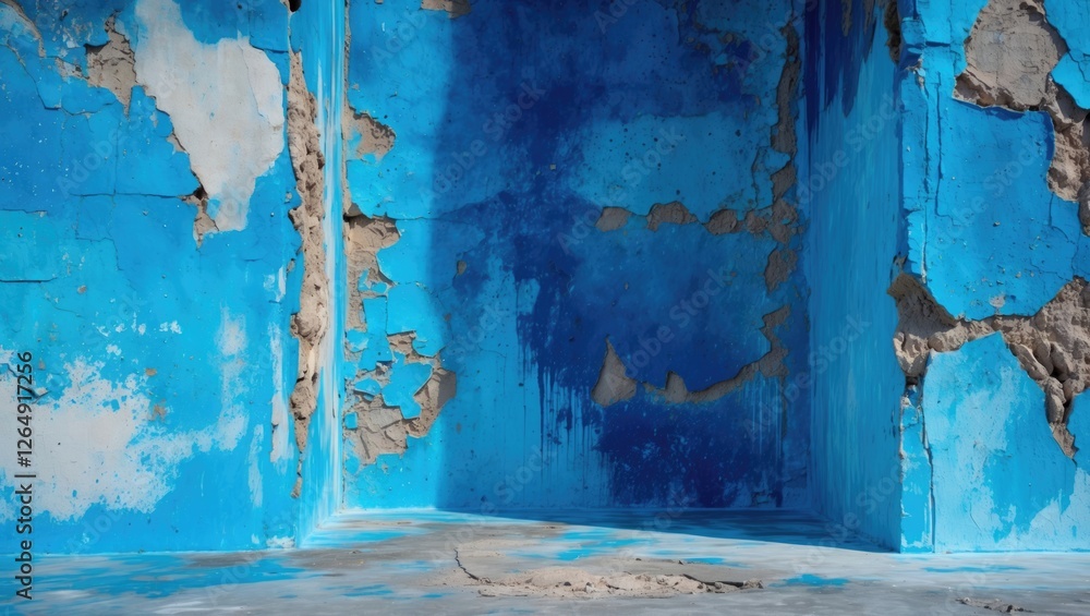 Poster abstract texture of cracked blue paint on wall with peeling layers in an empty indoor space. copy sp