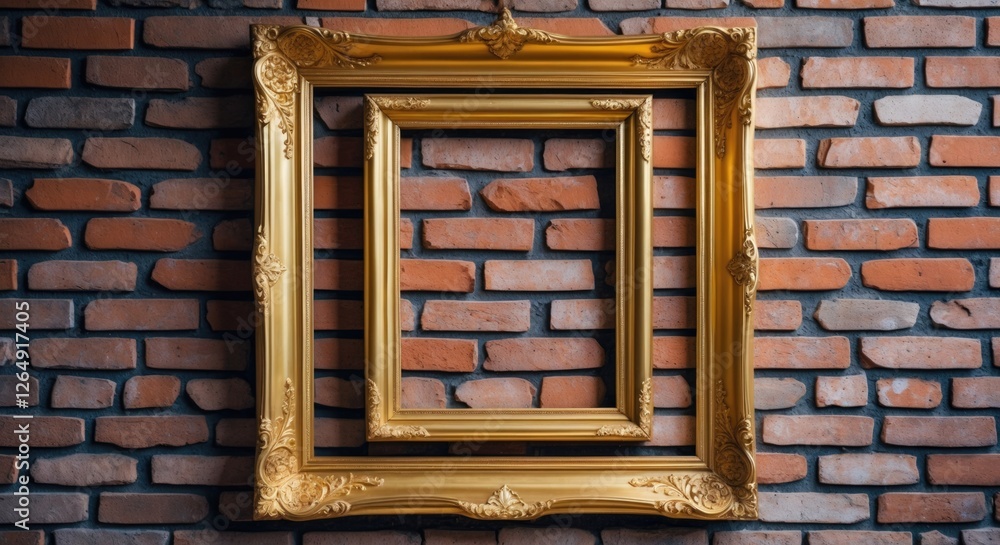 Poster Empty ornate golden picture frames against a rustic brick wall with copy space for text placement.