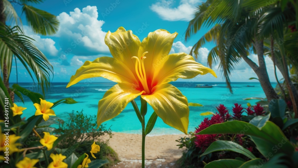 Poster tropical beach scene with a large yellow flower in the foreground surrounded by lush greenery and tr