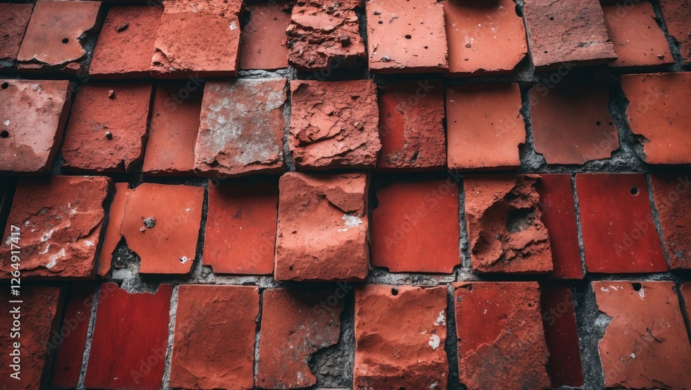 Poster Red tile roof texture background with weathered and chipped tiles, suitable for various design applications. Copy Space.