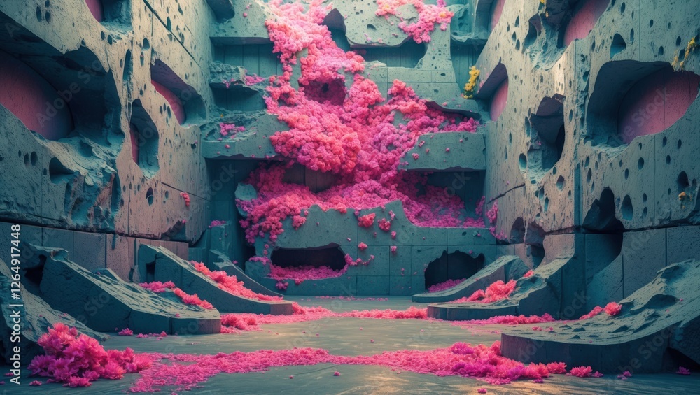 Aufkleber Abstract underground space with textured gray walls and vibrant pink fluffy material scattered throughout creating a surreal environment Copy Space