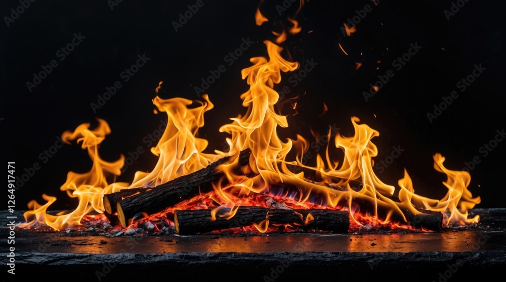 Poster Flames and burning logs over black background creating a warm and dynamic fire scene with vivid colors and textures featuring Copy Space