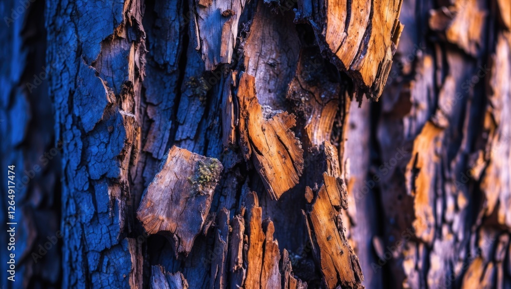 Poster textured close-up of tree bark showcasing orange and blue hues with detailed patterns and surface im