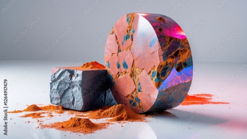 Poster Abstract mineral formations with vibrant color patterns and orange powder on a reflective surface suitable for backgrounds and textures Copy Space