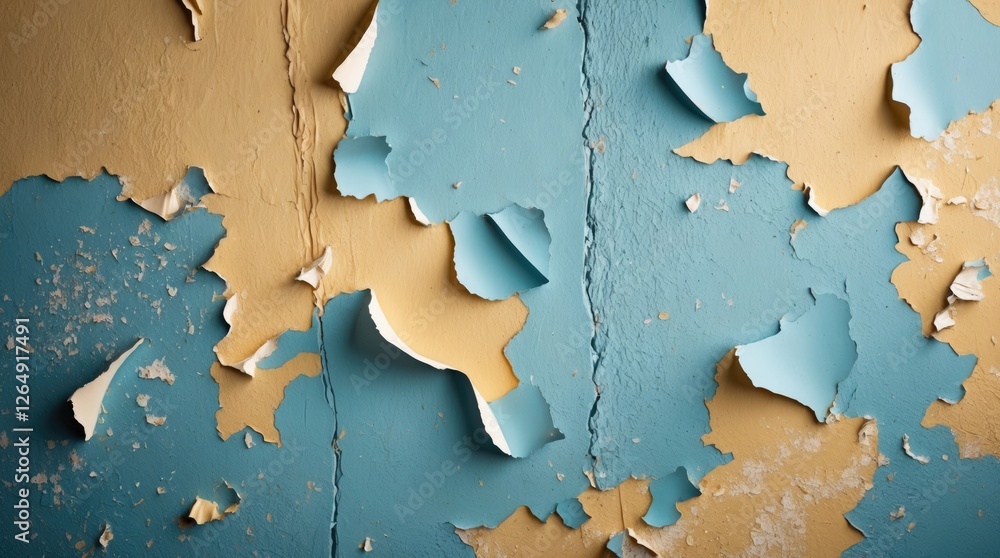 Poster peeling paint texture on an old wall with blue and yellow layers showing signs of decay and age copy