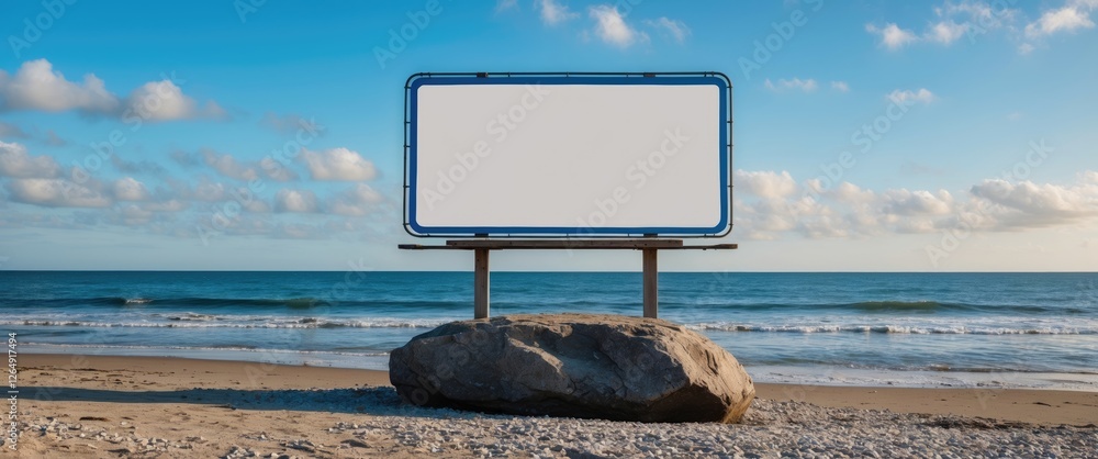 Poster blank billboard on rocky base at beach with ocean waves and cloudy blue sky in background copy space
