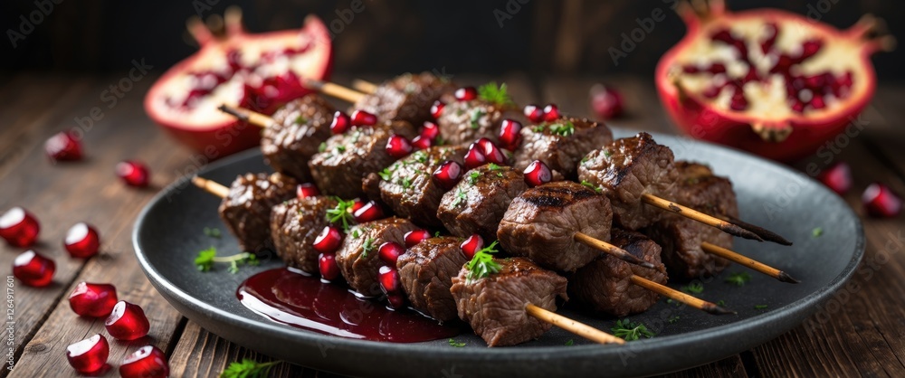 Poster grilled meat skewers garnished with pomegranate seeds on a dark plate with fresh pomegranate halves 