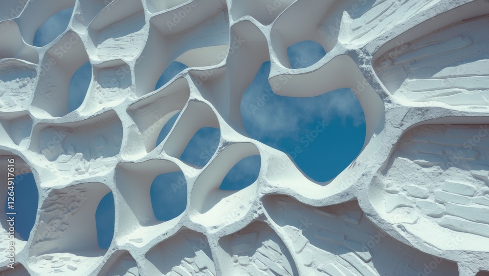 Poster abstract architectural structure featuring white textured surfaces and openings revealing blue sky, 