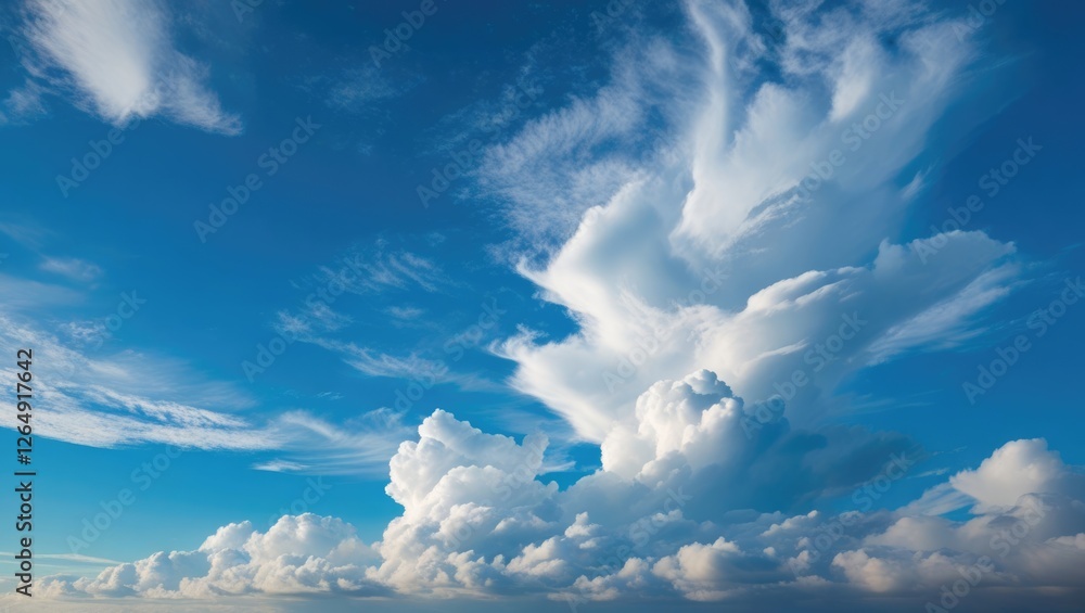 Poster dramatic fluffy white clouds against a bright blue sky with soft lines and patterns copy space
