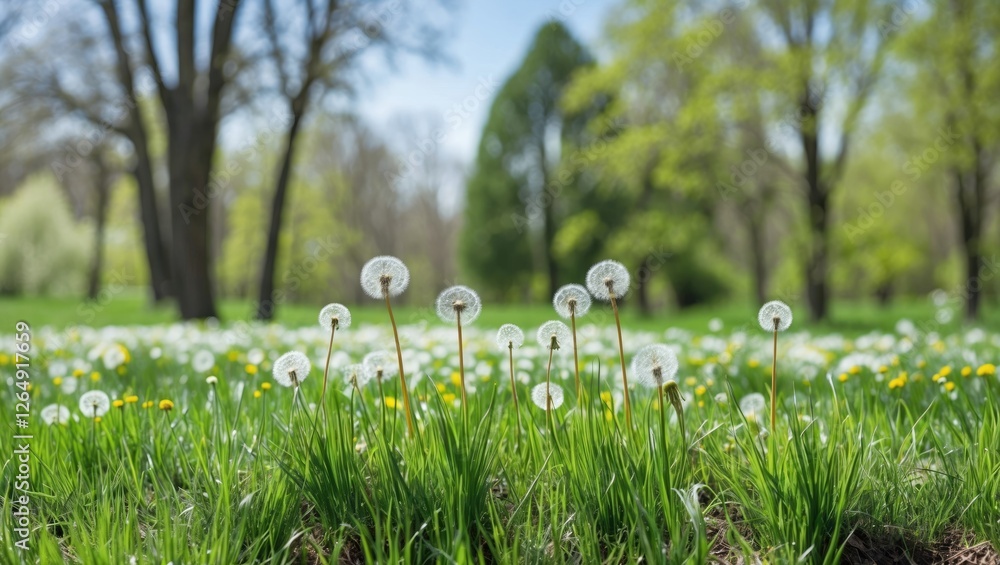 Aufkleber dandelion flowers in a lush green meadow with blurred trees in the background on a sunny spring day 