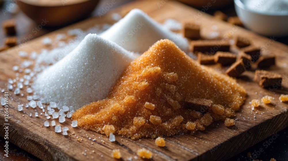 Poster Different Types of Sugars Displayed on a Wooden Board with Copy Space for Text
