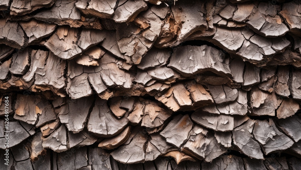 Aufkleber Textured close-up of weathered tree bark with deep cracks and layers showing natural patterns and earthy tones Copy Space