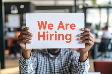 Person Holding Hiring Sign in Modern Office Environment