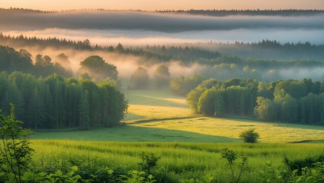 Serene landscape with lush green fields and fog rolling over forested hills during sunrise Copy Space