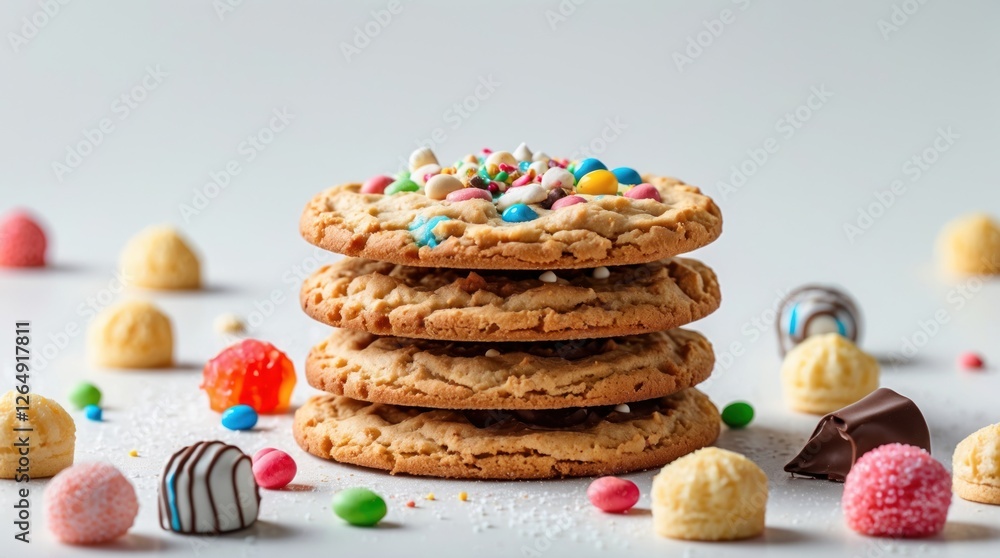 Poster Stack of three large cookies topped with colorful candy pieces surrounded by assorted candies on a white background Copy Space