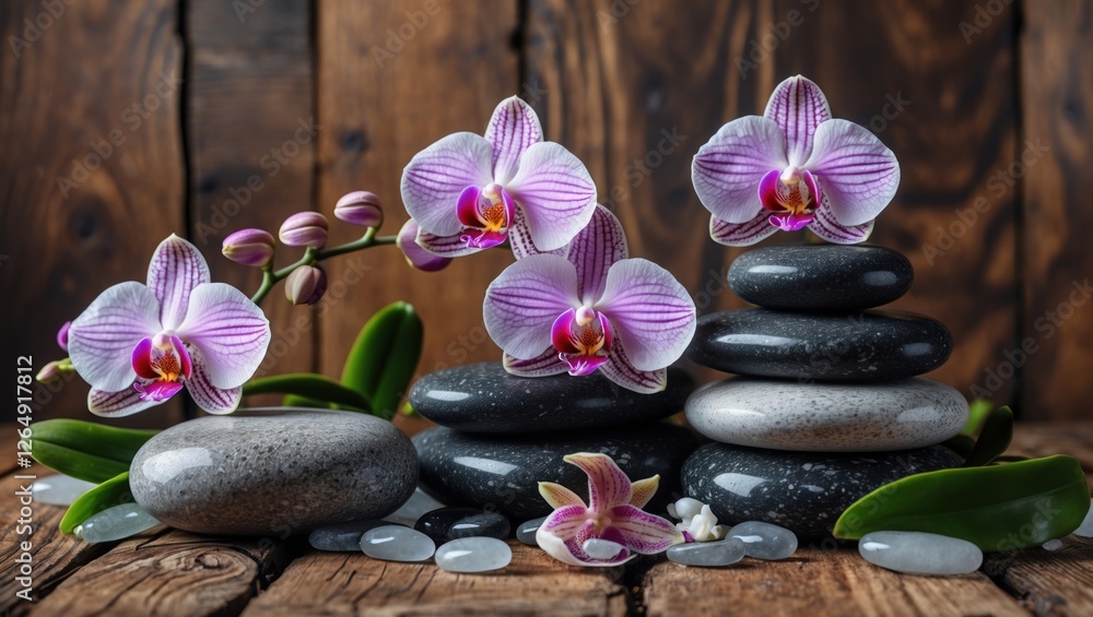 Aufkleber Orchids and smooth stones arranged in a tranquil setting on a wooden background with natural elements and selective focus Copy Space
