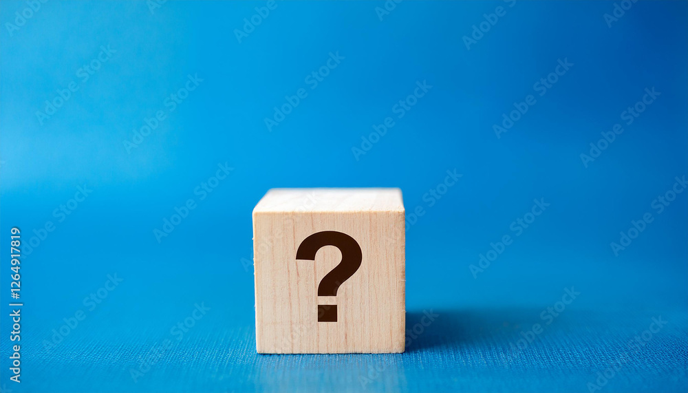 Poster wooden cube with question mark against blue background. faq and qa. problem solution.