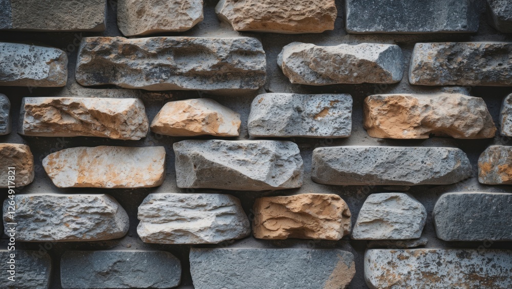 Aufkleber Textured stone wall with various shades of grey and brown bricks arranged in a pattern suitable for background use Copy Space