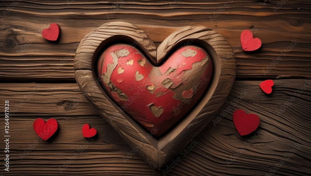 Poster wooden heart-shaped frame with a painted heart inside, surrounded by smaller red hearts on a rustic 