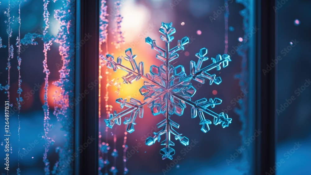 Aufkleber Frosted window with intricate snowflake design and warm light in background creating winter atmosphere and textured surface, Copy Space