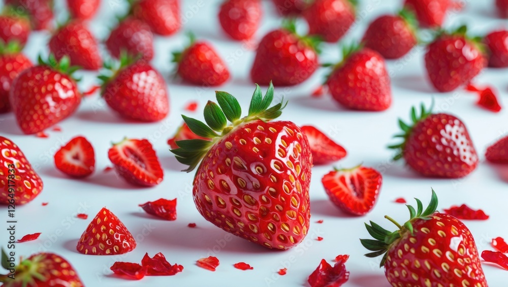 Poster fresh red strawberries scattered on a white background with some halved and sliced pieces visible, i