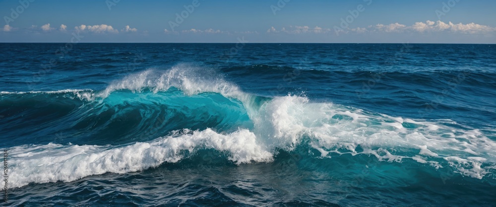 Poster ocean wave with foam in turquoise waters under blue sky and fluffy clouds copy space