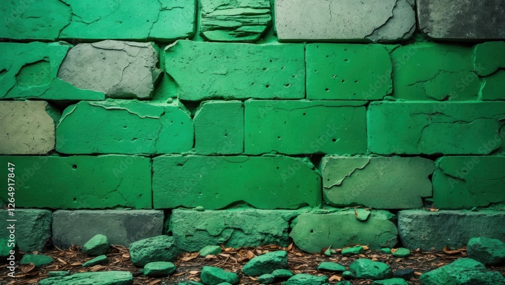 Aufkleber Green textured wall with uneven stones and patches, featuring rough surfaces and colorful layers, capturing a rustic vibe with earthy elements. Copy Space