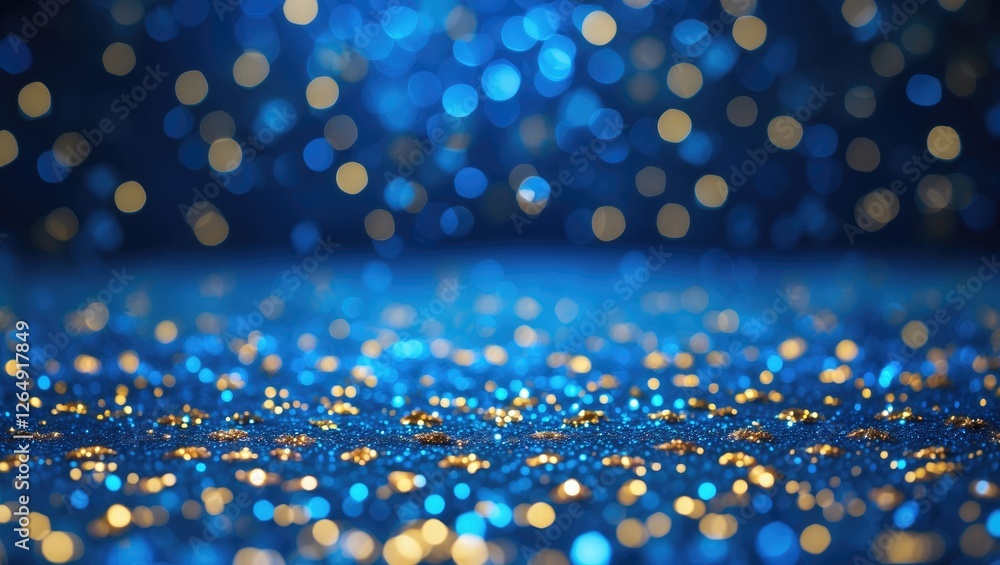 Poster Blue and gold glittering bokeh lights abstract background with copy space for text invitations or celebration themes