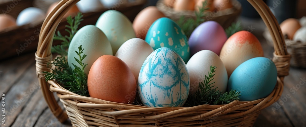 Poster colorful easter eggs in a wicker basket with greenery and a rustic wooden background presenting fest